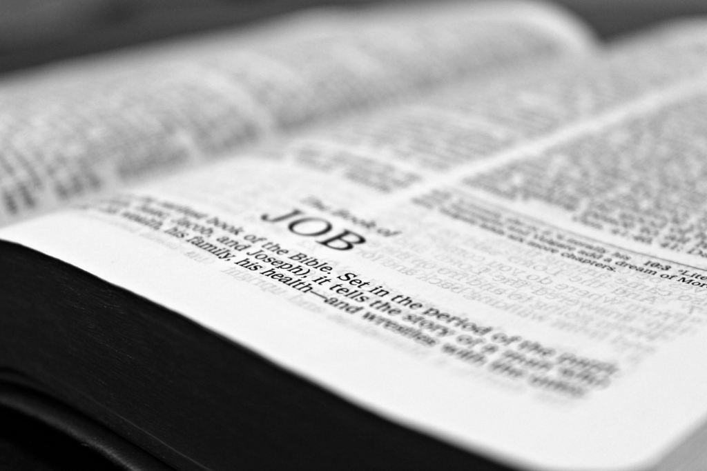 bible job reading christianity 159679 159679 Close-up black and white image focusing on a Bible page with the Book of Job.